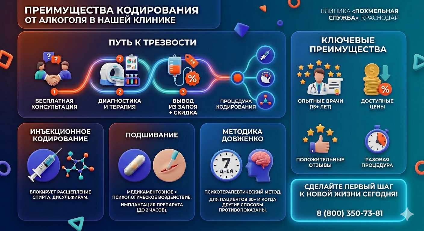 Инфографика о методах кодирования от алкоголя в Удомле: инъекции, подшивание, метод Довженко. Преимущества клиники и этапы лечения.
